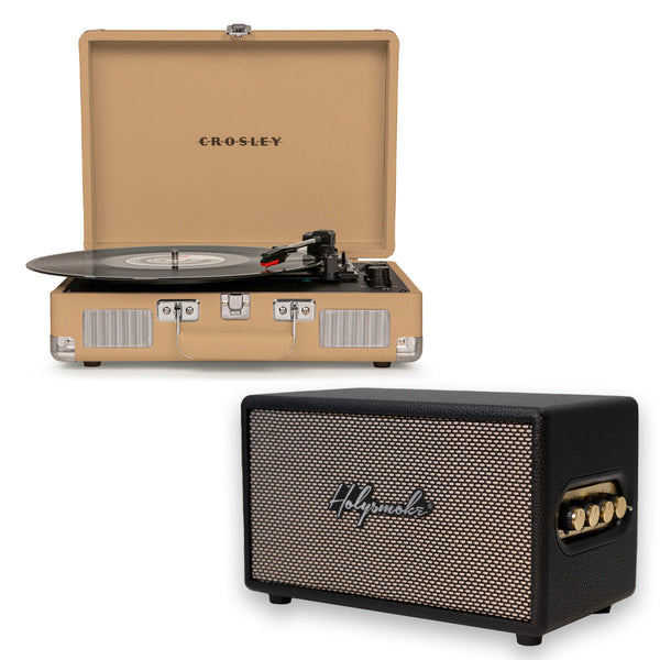 Crosley Cruiser Bluetooth Portable Turntable - Light Tan + Bundled HolySmoke Bluetooth Retro Speaker - Black