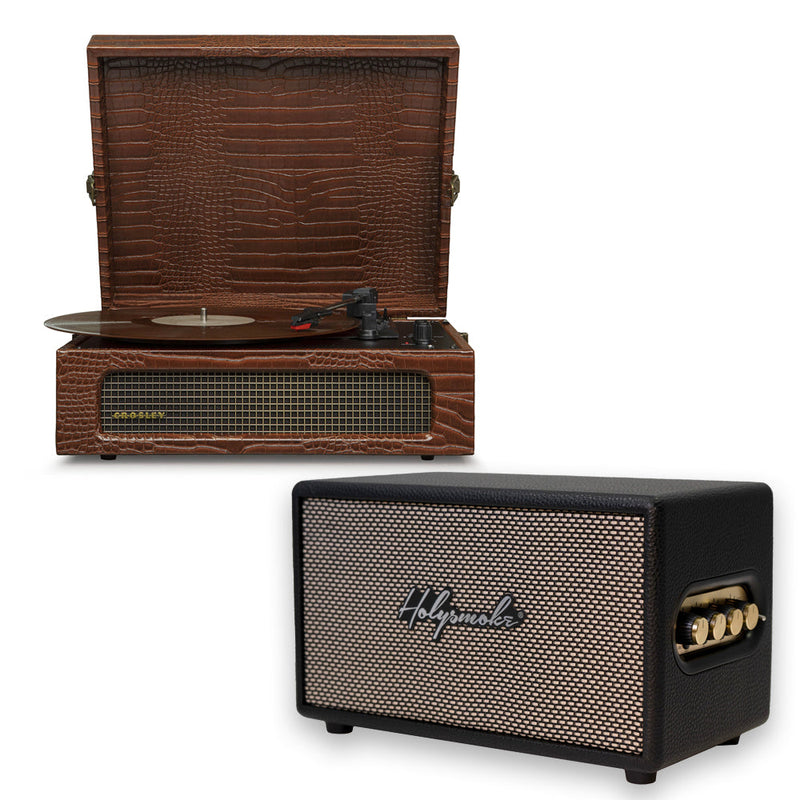 Crosley Voyager Bluetooth Portable Turntable - Brown Croc + Bundled HolySmoke Bluetooth Retro Speaker - Black