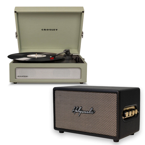 Crosley Voyager Bluetooth Portable Turntable - Sage + Bundled HolySmoke Bluetooth Retro Speaker - Black